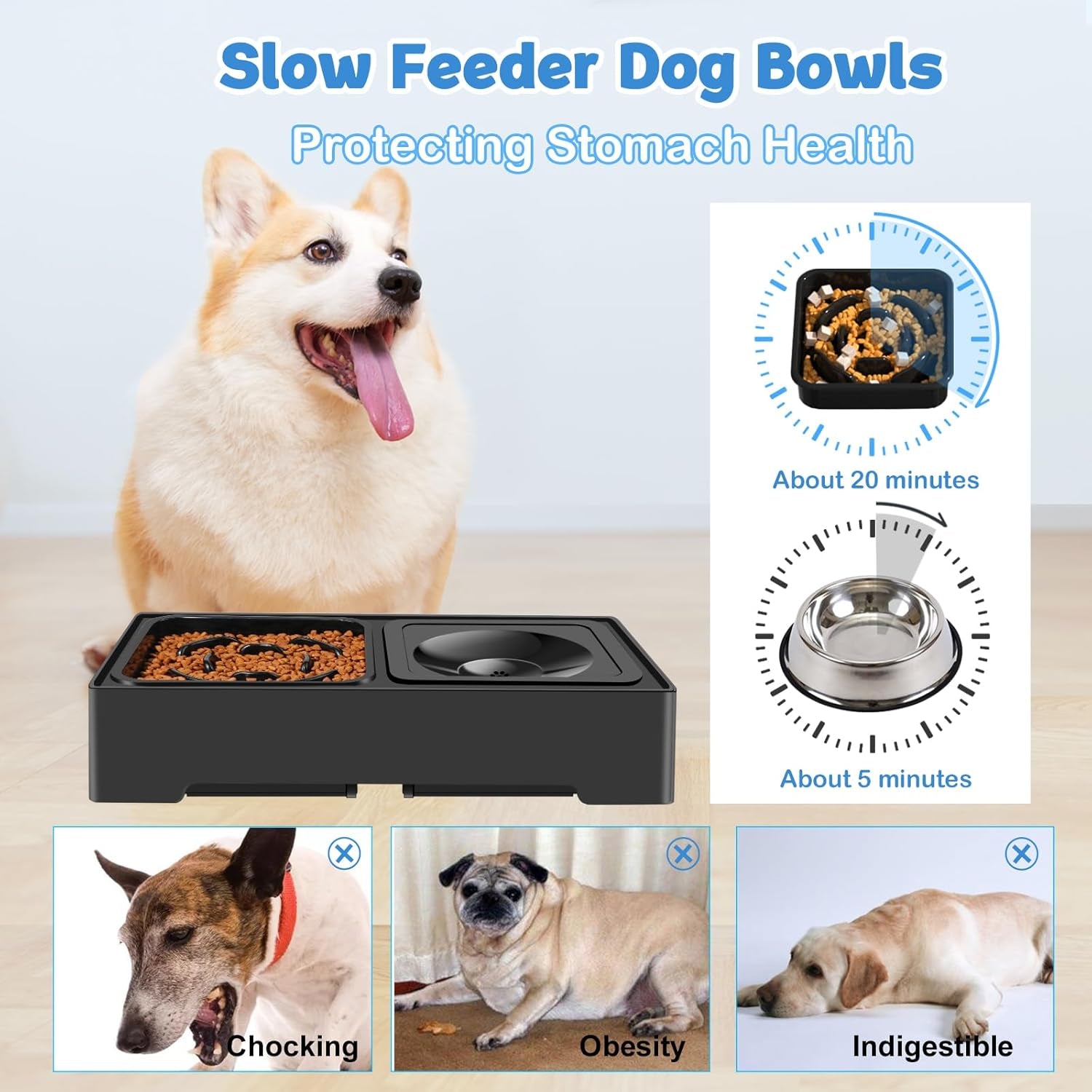 2-In-1 Elevated Slow Feeder Dog Bowls Adjustable Raised Dog Bowls with No Spill Water Bowl and Non-Skid Silicone Mat, Non-Toxic, Mess Proof