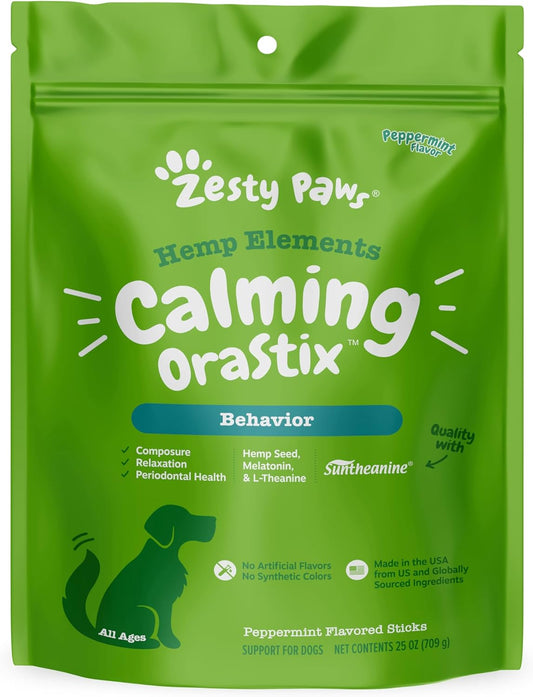 Zesty Paws Orastix for Dogs | Calming Dental Sticks for Stress with Hemp, Melatonin, Chamomile | Healthy Teeth and Gums | Calm Composure for Fireworks and Thunderstorms